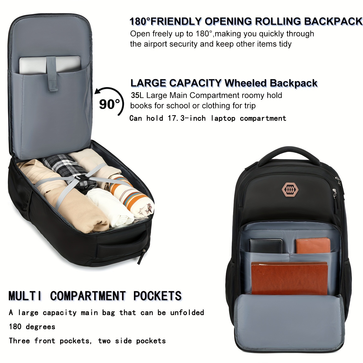 40L Rolling Laptop Backpack Bu - Foldable Rolling Luggage Bag 评论和价格